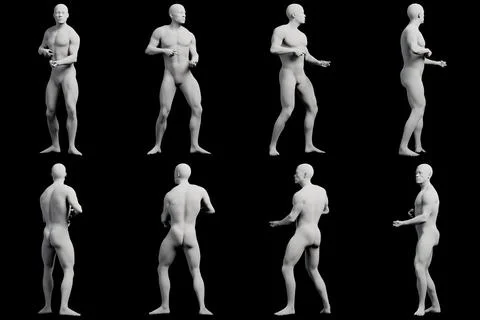Male figure model standing with hands apart multi-view collage black Stock Illustration