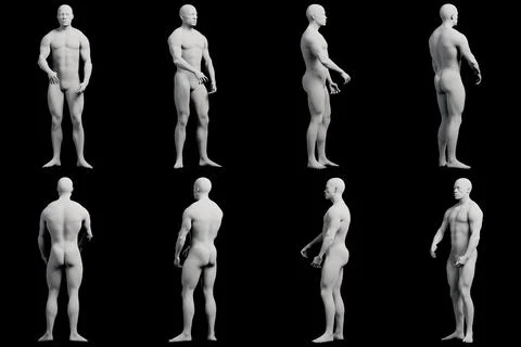 Male figure model standing multi-view collage against matte black 스톡 일러스트