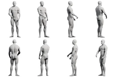 Male figure model standing multi-view collage against matte black 스톡 일러스트