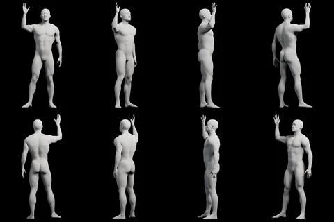 Male figure model in studio with raised arm Stock Illustration