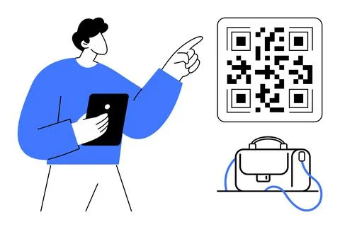 Male figure pointing at QR code while holding tablet, next to a briefcase, .. Stock Illustration