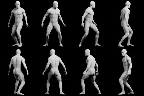 Male figure walking multi-view collage against matte black background Stock Illustration