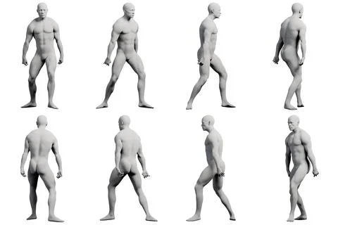 Male figure walking multi-view collage against matte white background Stock Illustration