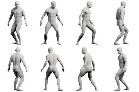 Male figure walking multi-view collage against matte white background Stock Illustration