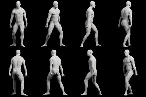 Male figure walking multi-view collage against matte black background Stock Illustration