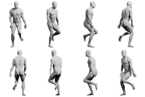 Male figure walking multi-view collage against matte white background Stock Illustration