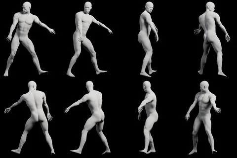 Male figure walking multi-view collage against matte black background Stock Illustration