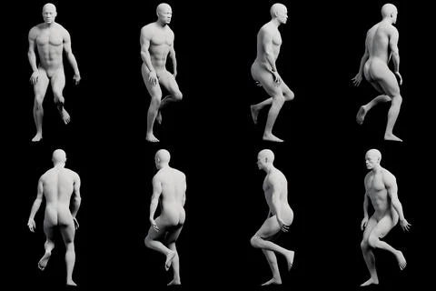 Male figure walking multi-view collage against matte black background Stock Illustration
