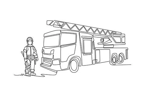 Male firefighter standing beside large fire engine truck Stock Illustration
