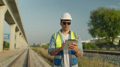 Male foreman engineer in helmet and safety vest using tablet working on railway. Stock Footage 263022053