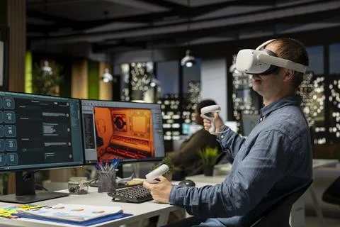 Male game developer using VR glasses and AI tech to design a spaceship 写真素材