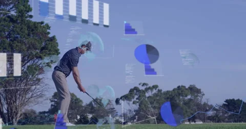 Male golfer aligning driver on tee starting swing while analytics overlays Stock Footage 313757671