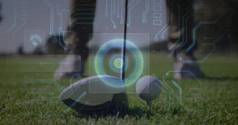 Male golfer with driver preparing, digital reticle locking onto ball, starting Stock Footage 331735964