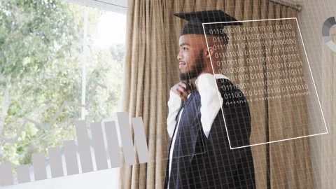 Male grad adjusting cap by window, peer arriving and cheering, charts appearing Stock Footage 333278416