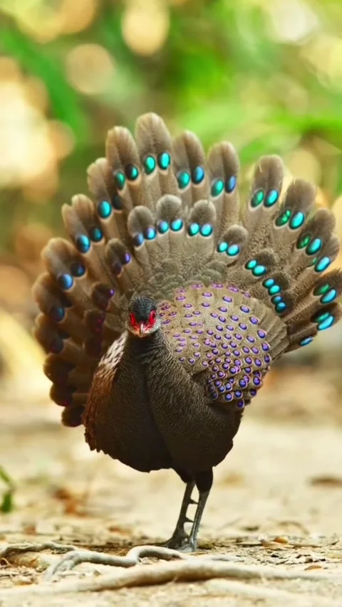 Male great argus pheasant displaying its spectacular plumage in the forest Vidéo 334635341