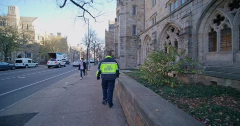 Male guard in uniform walking on paved town street Stock Footage 149230955
