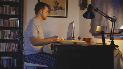 Male Guy Working Remotely from Home Remote Freelancer Stockbeeldmateriaal 195287635
