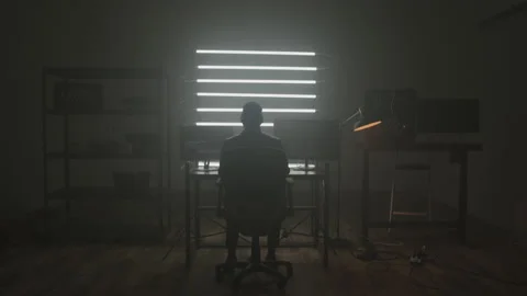 Male Hacker Doing Illegal Activity in His Basement Stockbeeldmateriaal 208726908