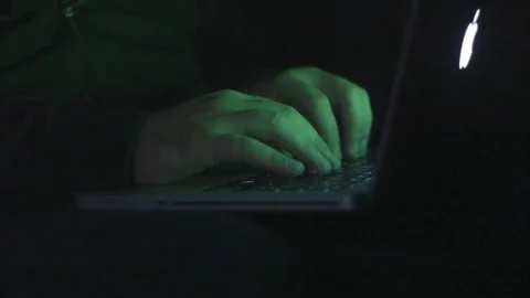 Male hacker hands typing dark room creepy Stock Footage 80378287