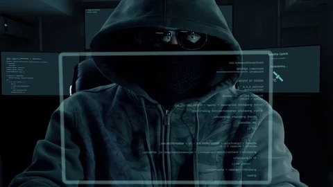 Male hacker typing program code. Dark night man at virtual screen coding Stock Footage 82797728