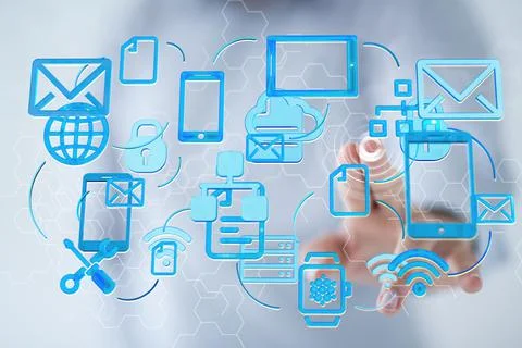 Male hand with 3D render of computer digital binary online Foto stock