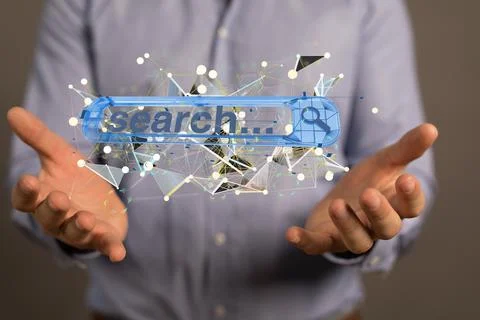 A male hand with 3d render of web develop interface web application of search Foto stock