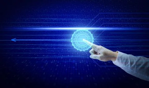 Male hand on the background of binary code. Data protection concept, programm Foto stock