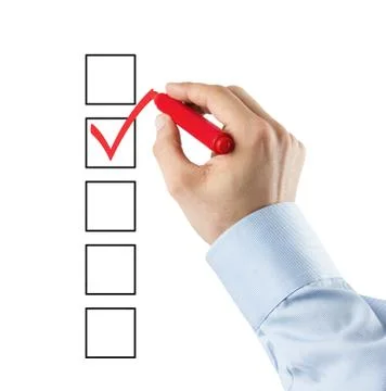 Male hand checking the checklist boxes isolated on white background Stock Photos