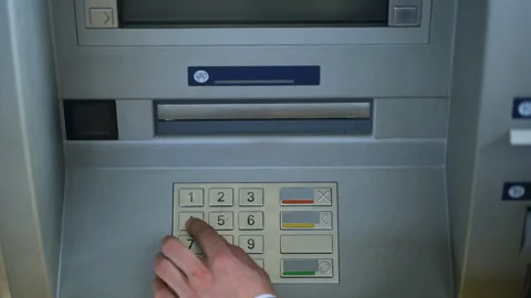 Male hand entering pin code on ATM and withdrawing euro money cash, top view Stock Footage 90915571