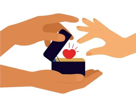 Male hand give opened box with ring to female Stock Illustration
