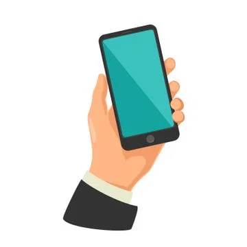 Male hand holding black smart phone. Touching blank screen. Flat design. Stock Illustration