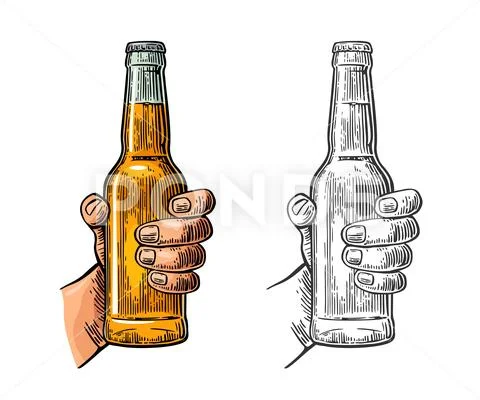 Male hand holding bottle beer. Color vintage engraving vector illustration Stock Illustration