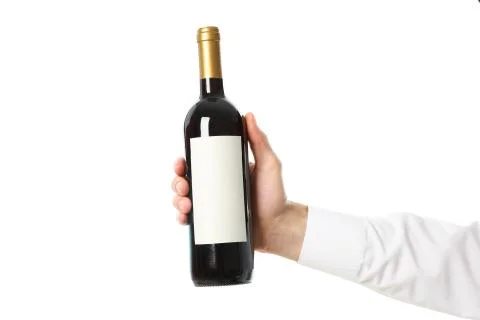Male hand holding bottle of wine, isolated on white background Stock Photos
