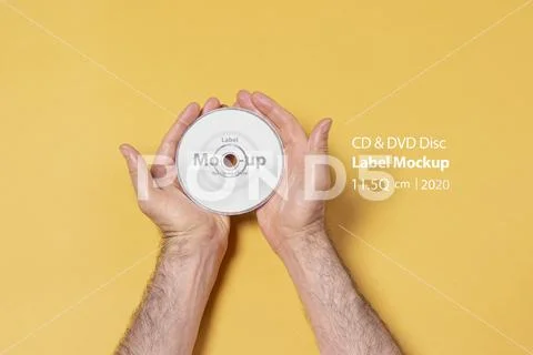 Male hand holding a CD-DVD by two hands in front of yellow background mock-up Modello PSD
