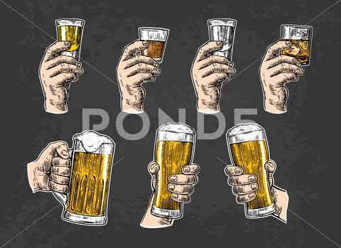 Male hand holding a glasses with beer, tequila, vodka, rum, whiskey. Vintage Stock Illustration