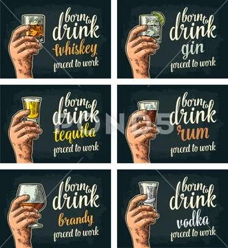 Male hand holding a glasses with beer, tequila, vodka, rum, whiskey, brandy Stock Illustration