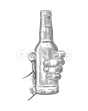 Male hand holding open bottle beer. Black vintage engraving vector Stock Illustration