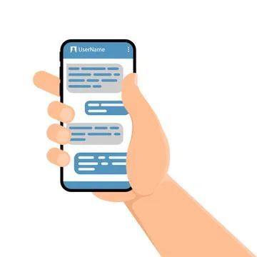 Male hand holding smartphone with message chart on screen. Vector illustratio Illustrazione stock