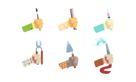 Male Hand Holding Tools Set, Hands with Symbols of Different Professions Vector Stock Illustration