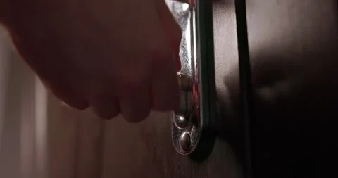 Male hand inserting key and unlocking wooden door with HQ sound fx Stock Footage 340917577