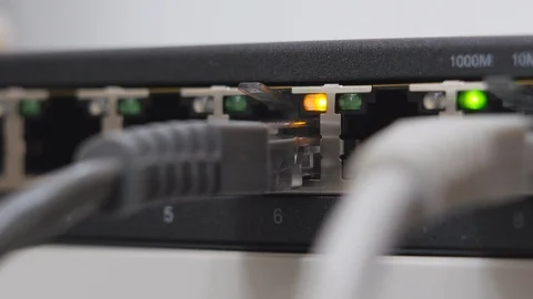 Male Hand Inserts The Grey Data Cable Into The Gigabit Network Switch. Stock Footage 104923303