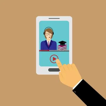Male hand launches video tutorial with e-learning イラスト素材
