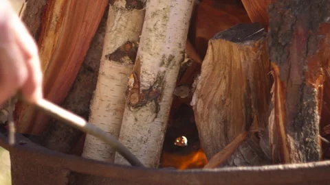 Male hand lighting a fire in a grill with wood, close-up in forest spring light Stock-Footage 332556412