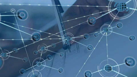 Male hand moving compass node appearing at tip showing growing tech network Stock Footage 331062790