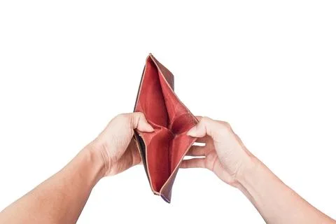 Male hand open an empty wallet isolated on white background with clipping pat Stock Photos