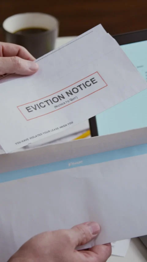 Male Hand Opening Envelope with Eviction Notice Vertical Stock Footage 327684892