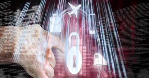 Male hand over data processing and padlock and travel icons, digital security Stock Photos