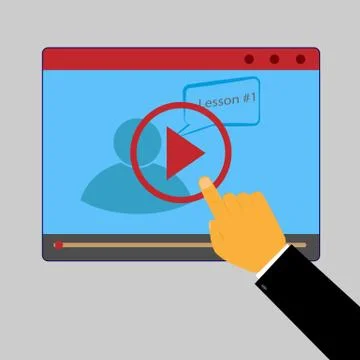 Male hand presses e-learning video lesson start button イラスト素材