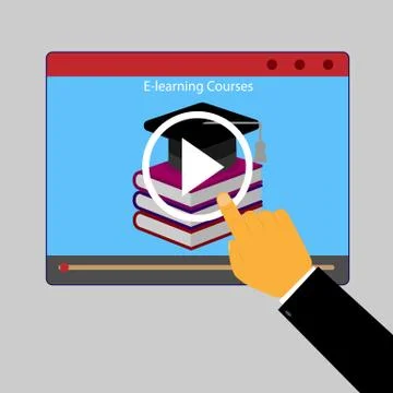 Male hand presses e-learning video lesson start button イラスト素材