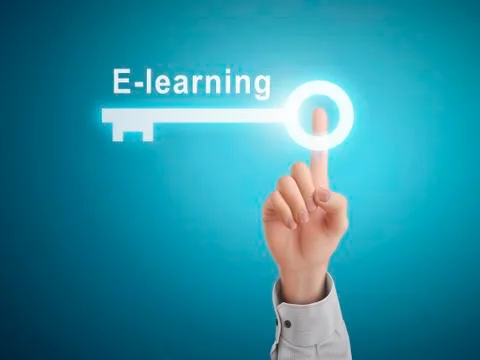 Male hand pressing E-learning key button Illustrazione stock